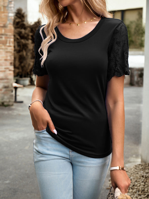 Crew Neck Blouse T-Shirt with Lace Sleeves for Women