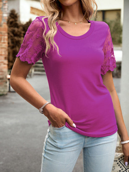 Crew Neck Blouse T-Shirt with Lace Sleeves for Women