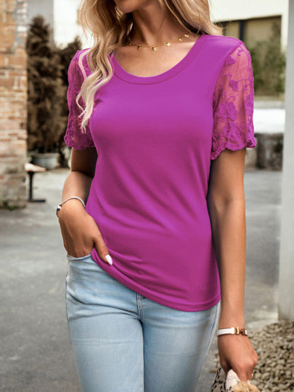 Crew Neck Blouse T-Shirt with Lace Sleeves for Women