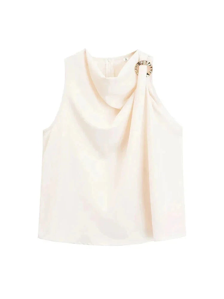 Blouses- Draped Cowl Neck Sleeveless Top with Ring Side- - Chuzko Women Clothing