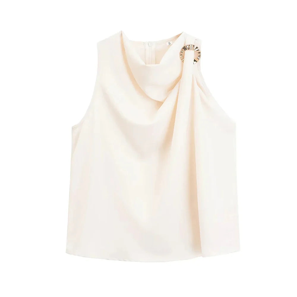 Blouses- Draped Cowl Neck Sleeveless Top with Ring Side- Antique Paper- Chuzko Women Clothing