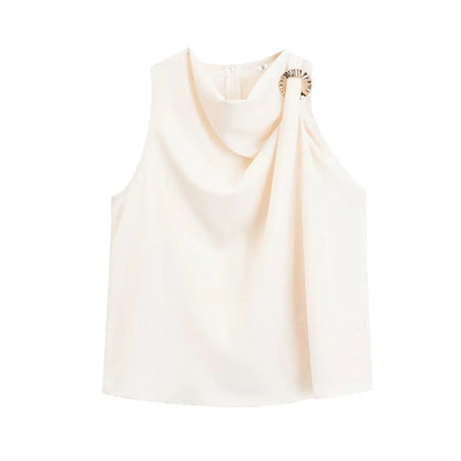 Blouses- Draped Cowl Neck Sleeveless Top with Ring Side- Antique Paper- Chuzko Women Clothing