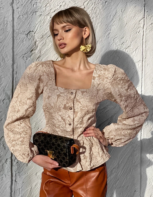 Blouses - Elegant Floral Jacquard Peplum Top Puff Sleeve Blouse