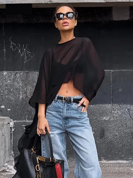 Blouses- Elegant High-Low Cape Top- Black- Pekosa Women Fashion