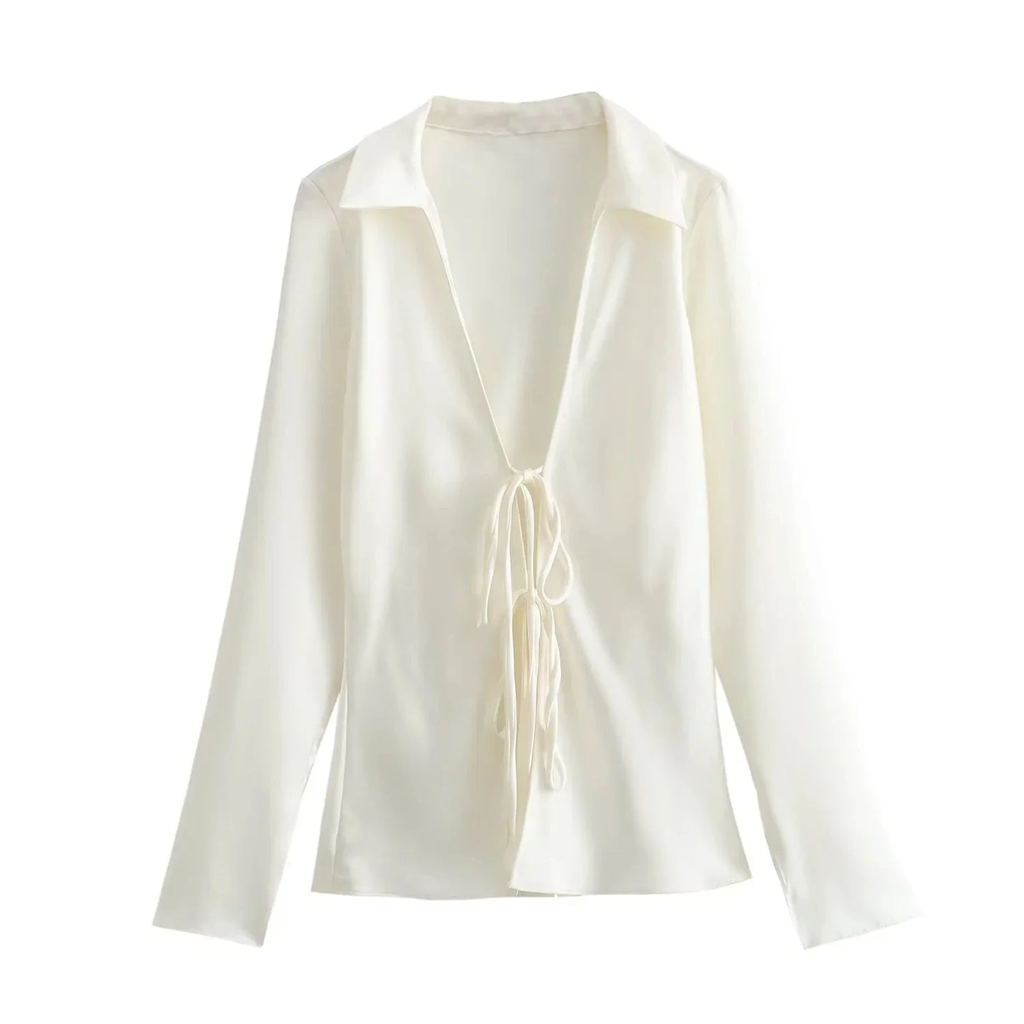 Blouses- Long-Sleeved Satin Silk Tie-Up Blouse- White- Pekosa Women Fashion