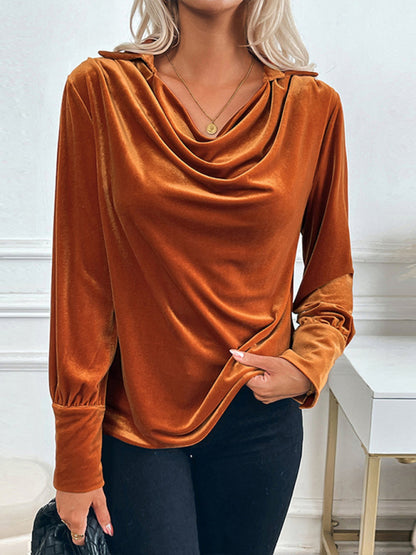 Blouses - Elegant Velvet Cowl Top Velour Winter Blouse