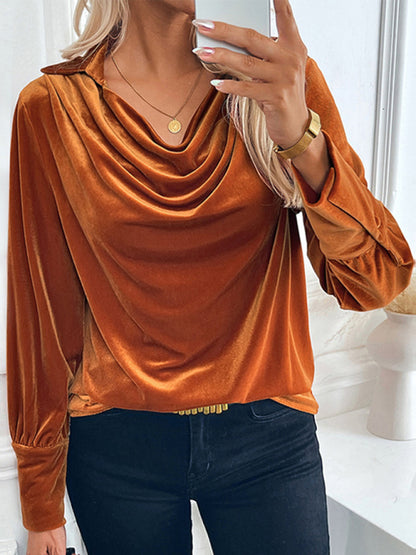 Blouses - Elegant Velvet Cowl Top Velour Winter Blouse