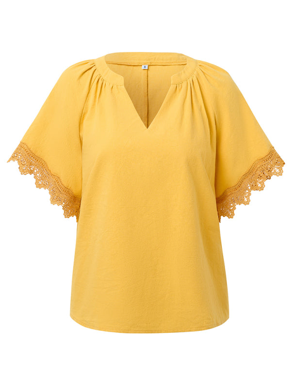 Blouses- Essential Swiss Short Sleeves Blouse V-Neck Top- - Pekosa Women Fashion