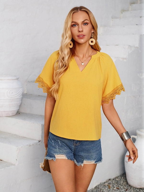 Blouses- Essential Swiss Short Sleeves Blouse V-Neck Top- - Pekosa Women Fashion