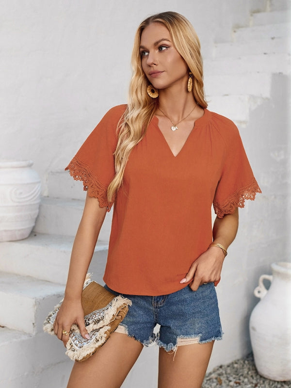 Blouses- Essential Swiss Short Sleeves Blouse V-Neck Top- - Pekosa Women Fashion