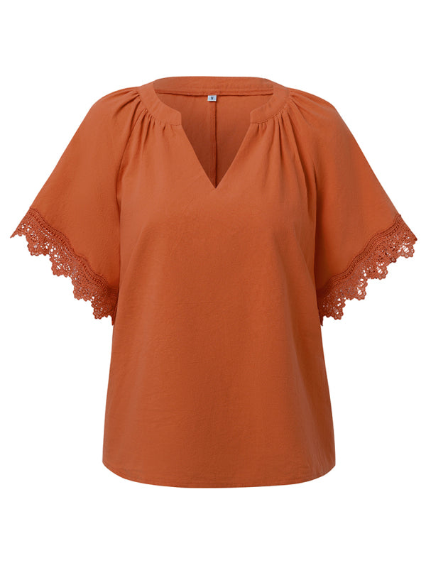 Blouses- Essential Swiss Short Sleeves Blouse V-Neck Top- - Pekosa Women Fashion