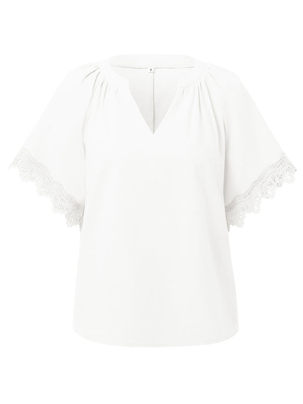 Blouses- Essential Swiss Short Sleeves Blouse V-Neck Top- - Pekosa Women Fashion