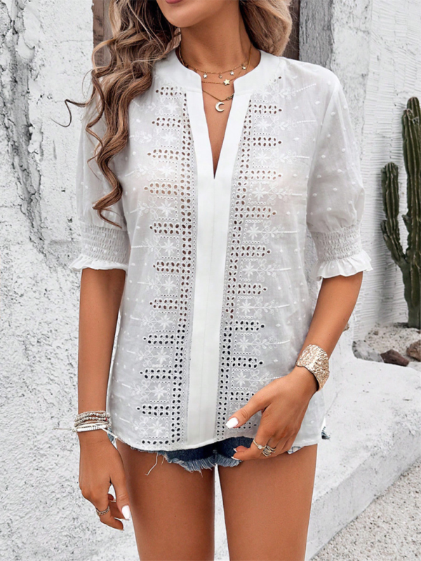 Eyelet V-Neck Top - Women's Puff Sleeves Blouse