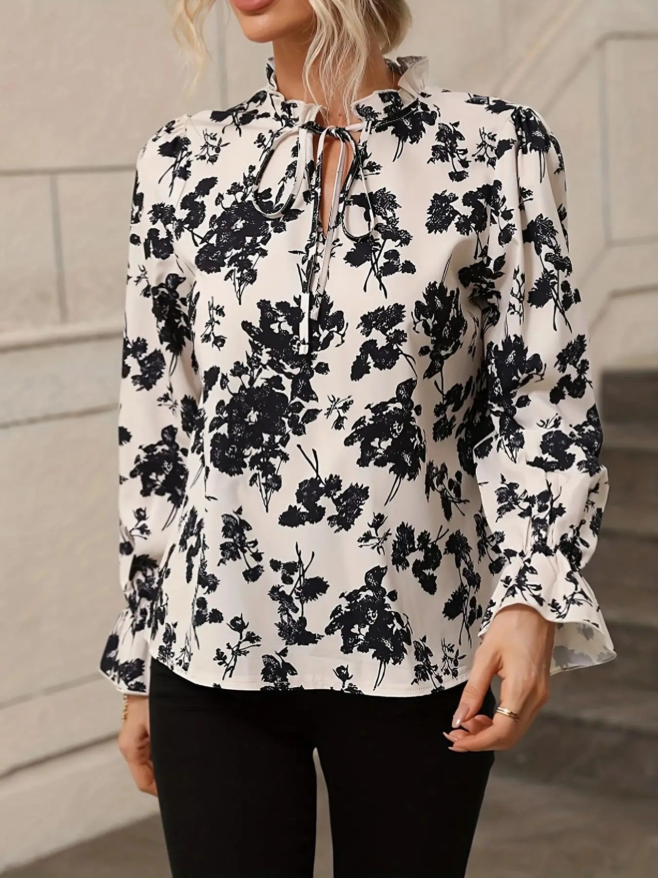 Blouses - Fall Black & White Floral Tie-Neck Blouse