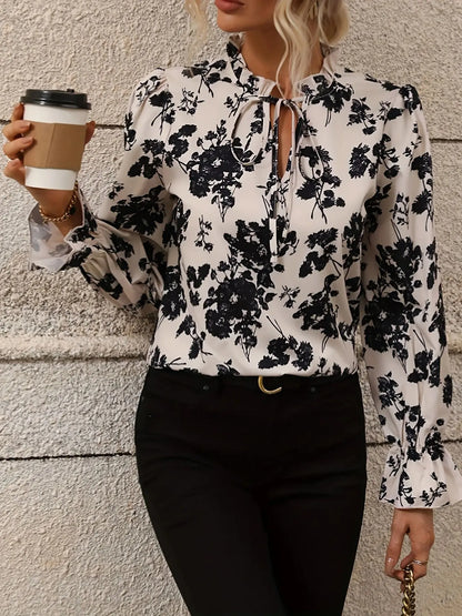 Blouses - Fall Black & White Floral Tie-Neck Blouse