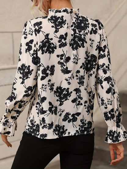 Blouses - Fall Black & White Floral Tie-Neck Blouse