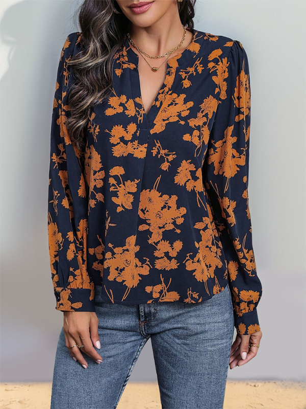 Blouses- Fall in Love Autumn Floral V-Neck Blouse- - Pekosa Women Fashion