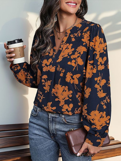 Blouses- Fall in Love Autumn Floral V-Neck Blouse- - Pekosa Women Fashion