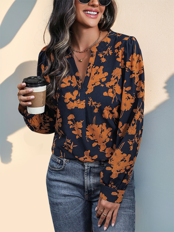 Blouses- Fall in Love Autumn Floral V-Neck Blouse- - Pekosa Women Fashion