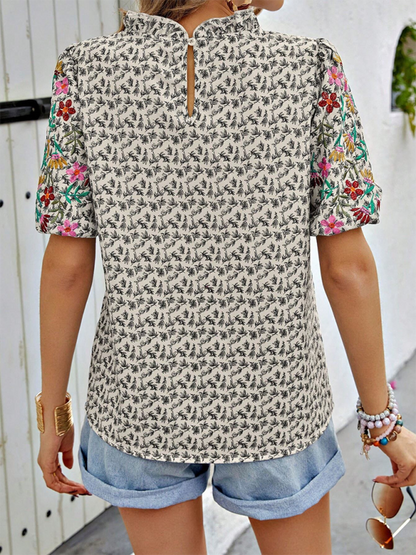 Blouses- Women's Floral Blouse with Frill Neck and Short Sleeves- - Pekosa Women Fashion