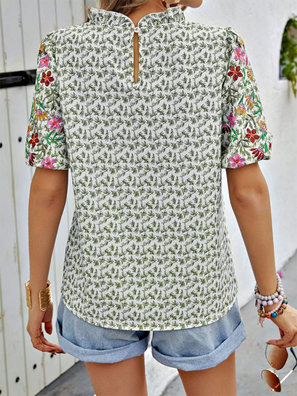 Blouses- Women's Floral Blouse with Frill Neck and Short Sleeves- - Pekosa Women Fashion