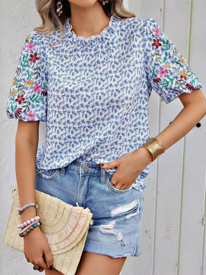 Blouses- Women's Floral Blouse with Frill Neck and Short Sleeves- Blue- Pekosa Women Fashion