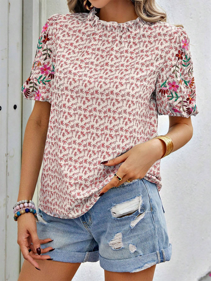 Blouses- Women's Floral Blouse with Frill Neck and Short Sleeves- - Pekosa Women Fashion