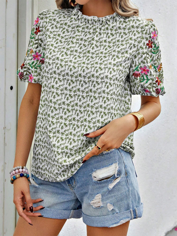 Blouses- Women's Floral Blouse with Frill Neck and Short Sleeves- Green- Pekosa Women Fashion