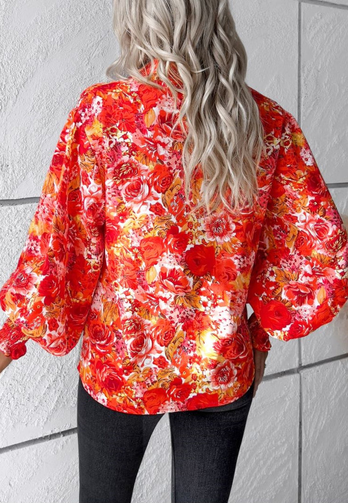 Blouses- Floral Print Blouse | Elegant Button-Up Shirt with Long Sleeves- - Pekosa Women Clothing