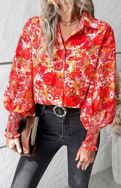 Blouses- Floral Print Blouse | Elegant Button-Up Shirt with Long Sleeves- - Pekosa Women Clothing