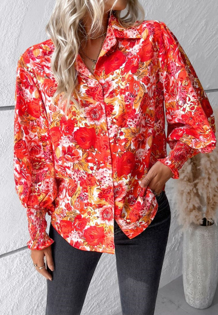 Blouses- Floral Print Blouse | Elegant Button-Up Shirt with Long Sleeves- - Pekosa Women Clothing