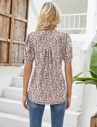 Blouses - Floral Print Puff Sleeve Blouse for Women