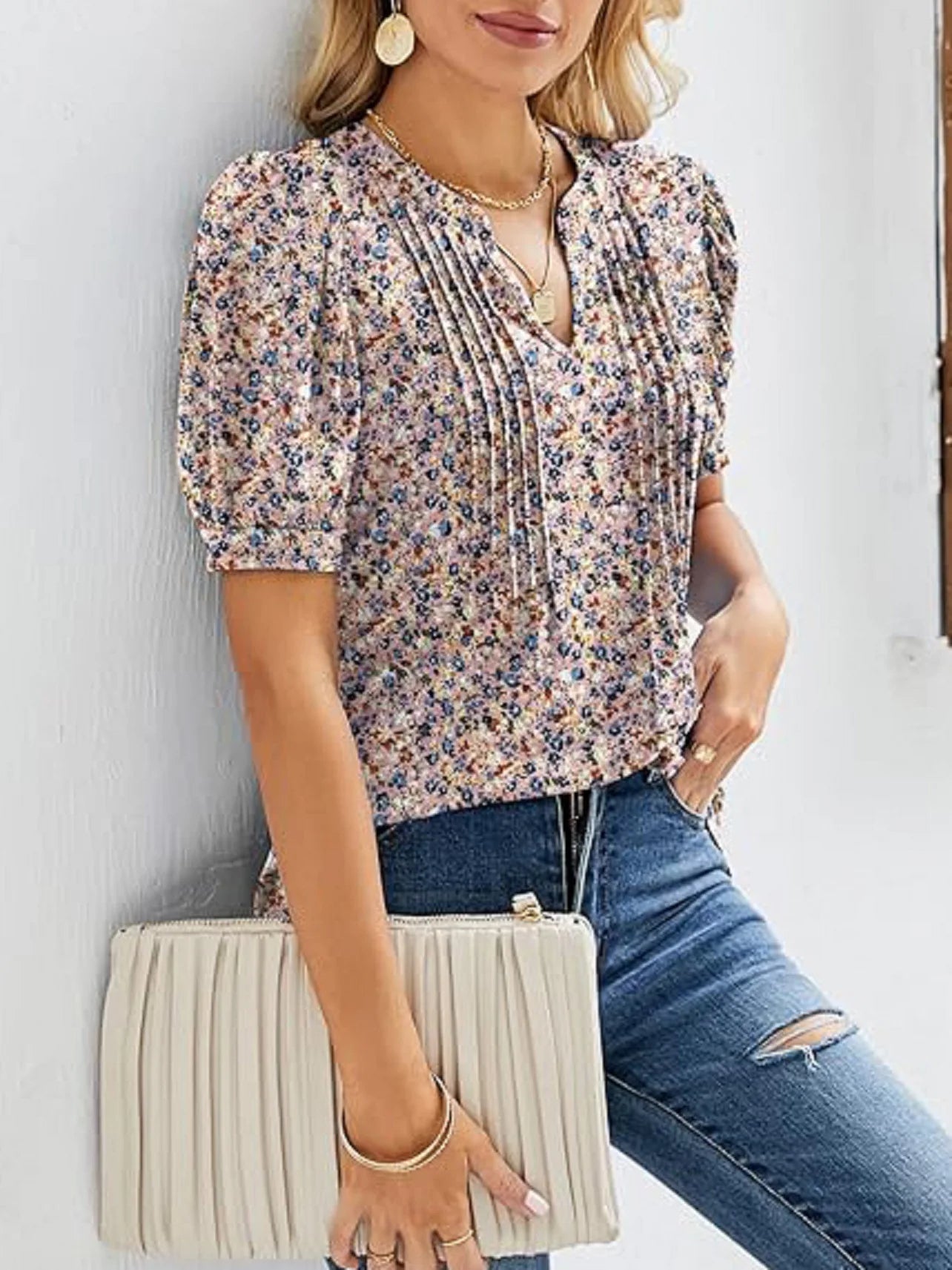 Blouses - Floral Print Puff Sleeve Blouse for Women