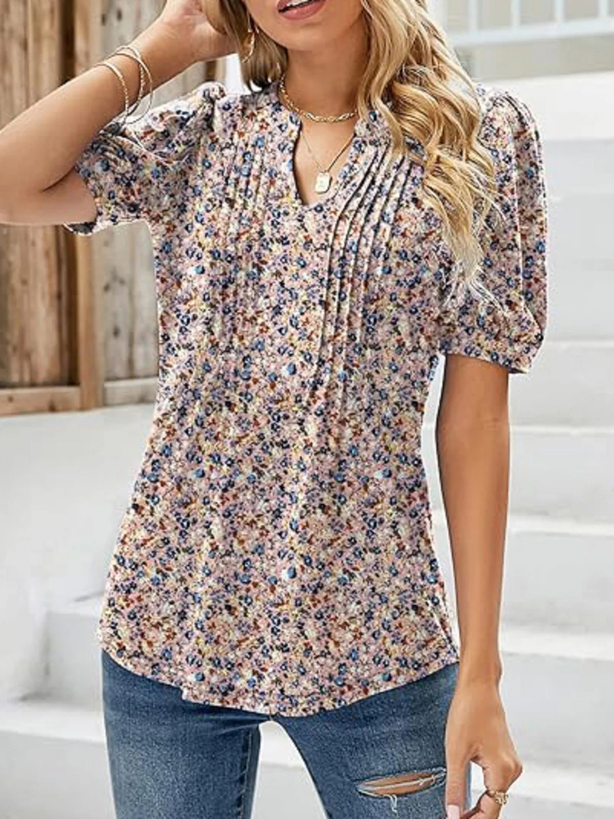 Blouses - Floral Print Puff Sleeve Blouse for Women