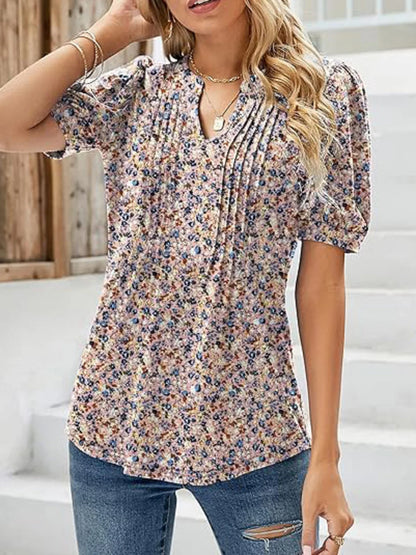 Blouses - Floral Print Puff Sleeve Blouse for Women