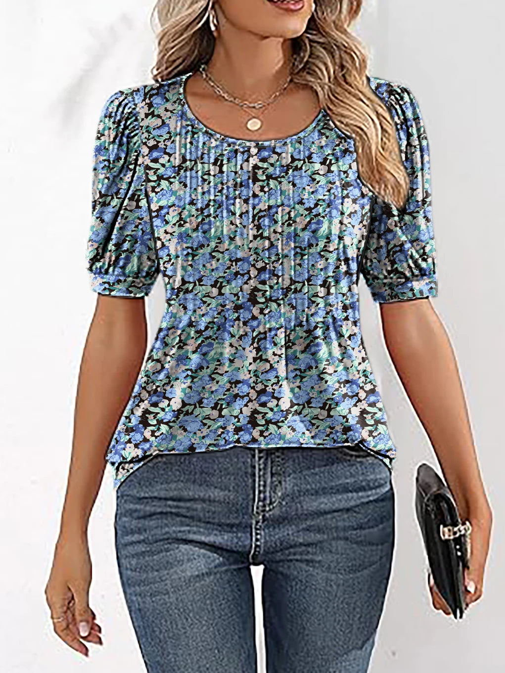 Blouses - Floral Print Puff Sleeve Blouse for Women