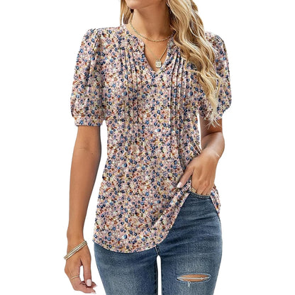 Blouses - Floral Print Puff Sleeve Blouse for Women