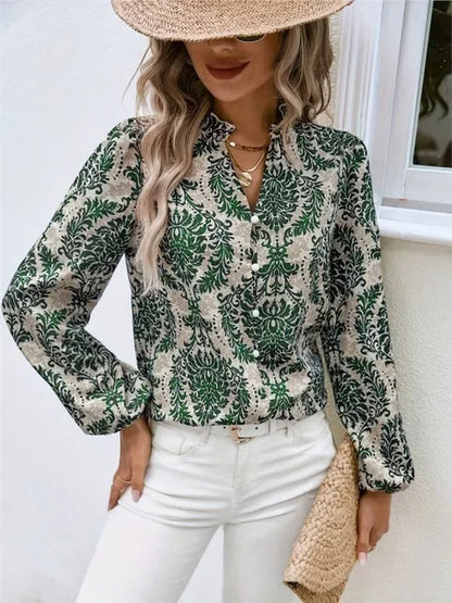 Blouses - Golden Damask Autumn Blouse with Long Sleeves