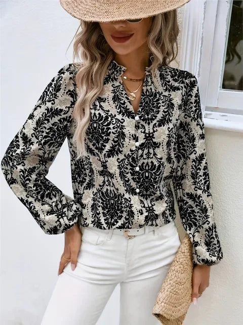 Blouses - Golden Damask Autumn Blouse with Long Sleeves