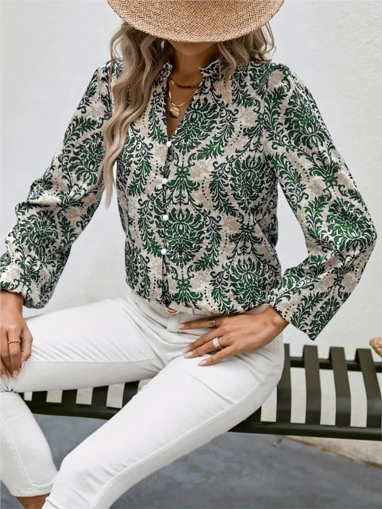 Blouses - Golden Damask Autumn Blouse with Long Sleeves