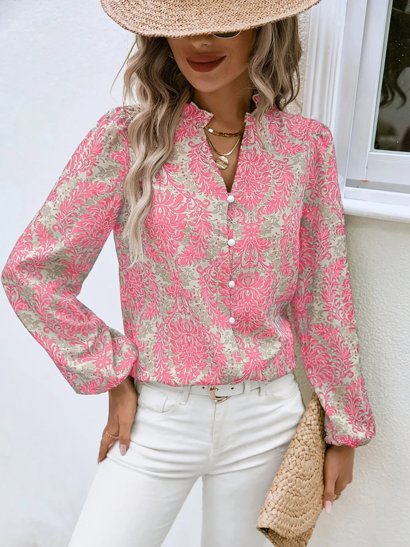 Blouses - Golden Damask Autumn Blouse with Long Sleeves