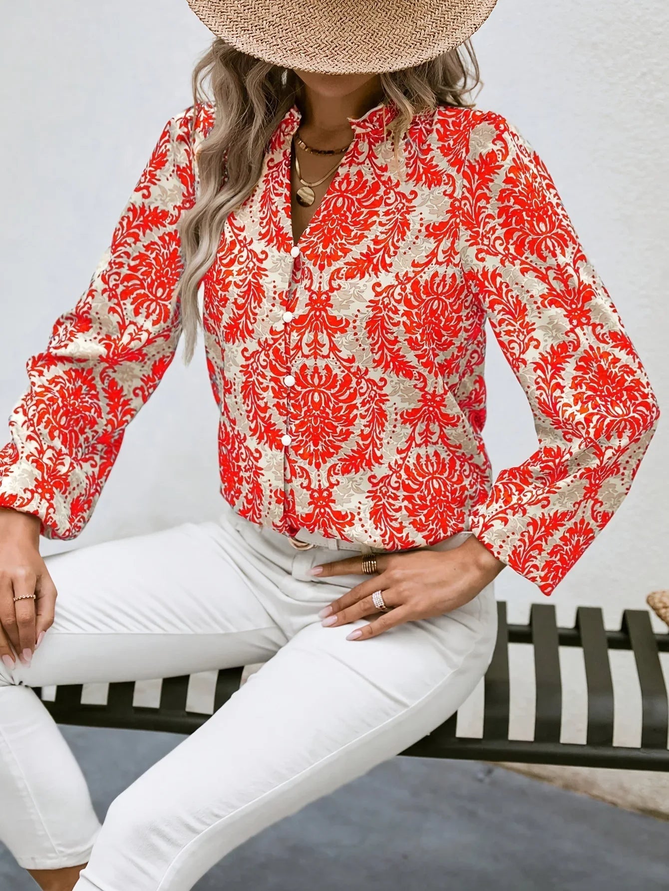 Blouses - Golden Damask Autumn Blouse with Long Sleeves