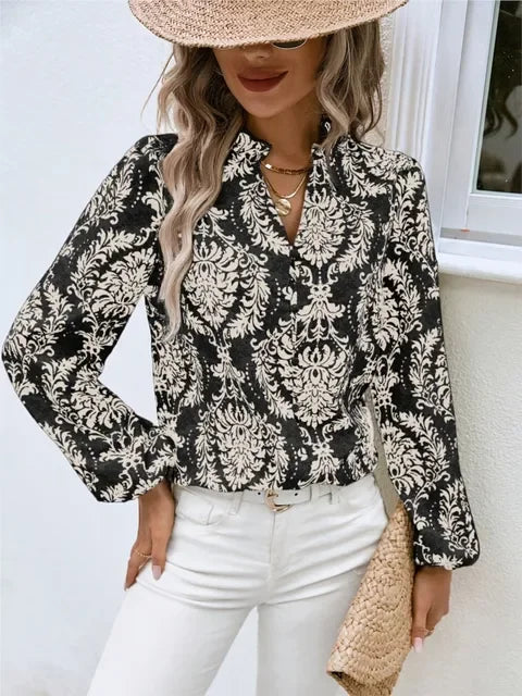 Blouses - Golden Damask Autumn Blouse with Long Sleeves