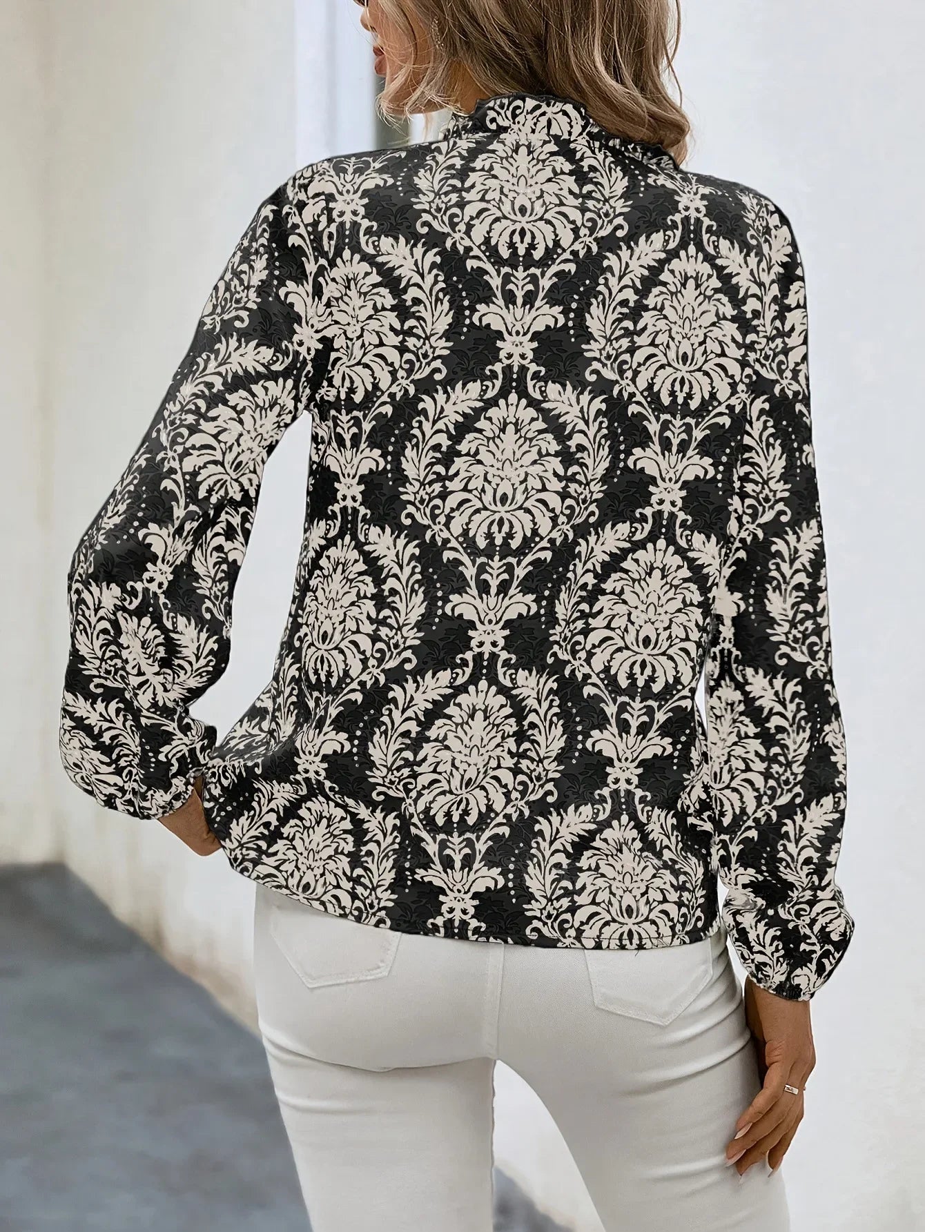 Blouses - Golden Damask Autumn Blouse with Long Sleeves