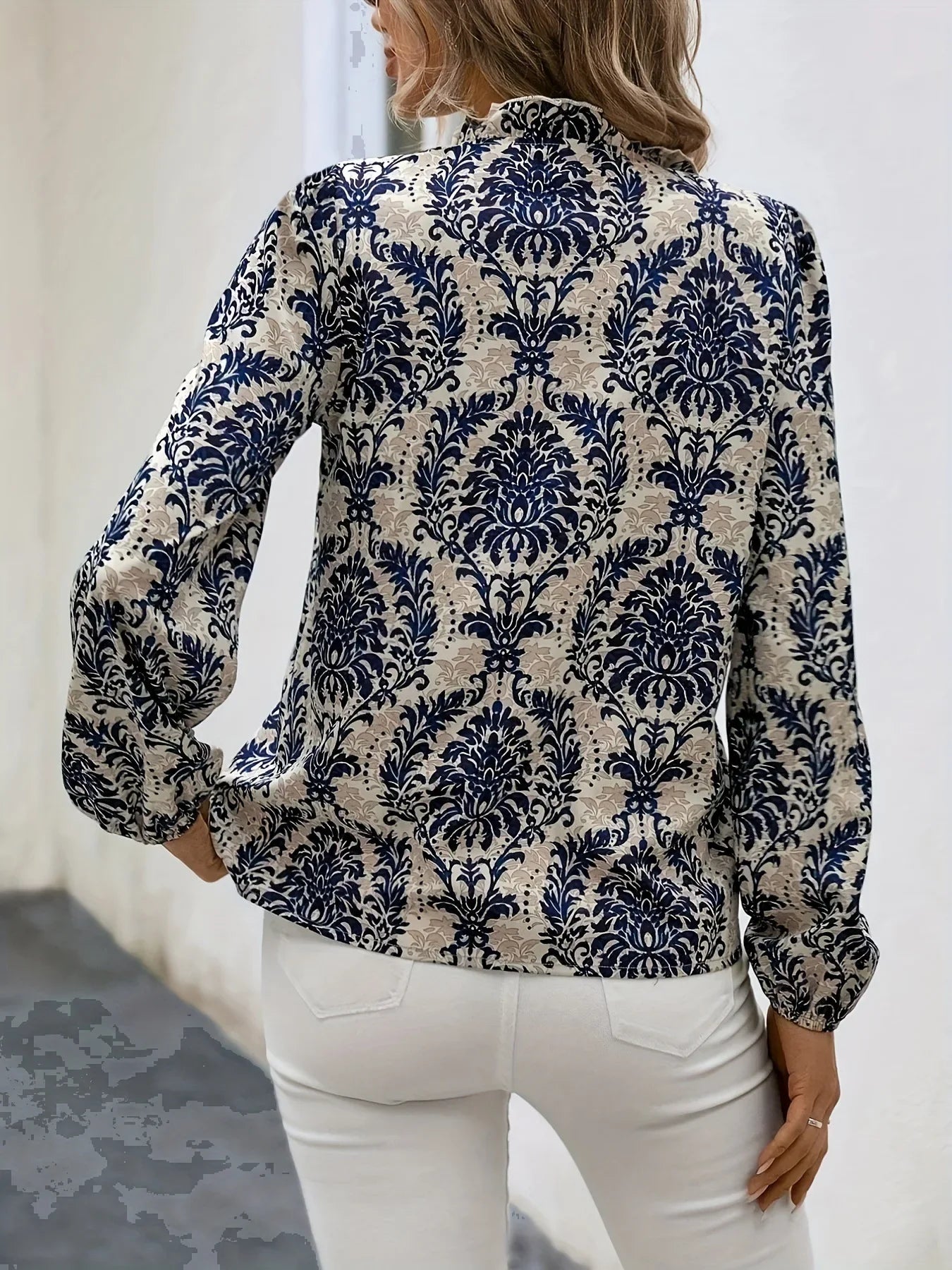 Blouses - Golden Damask Autumn Blouse with Long Sleeves