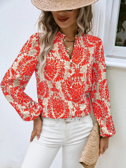 Blouses - Golden Damask Autumn Blouse with Long Sleeves