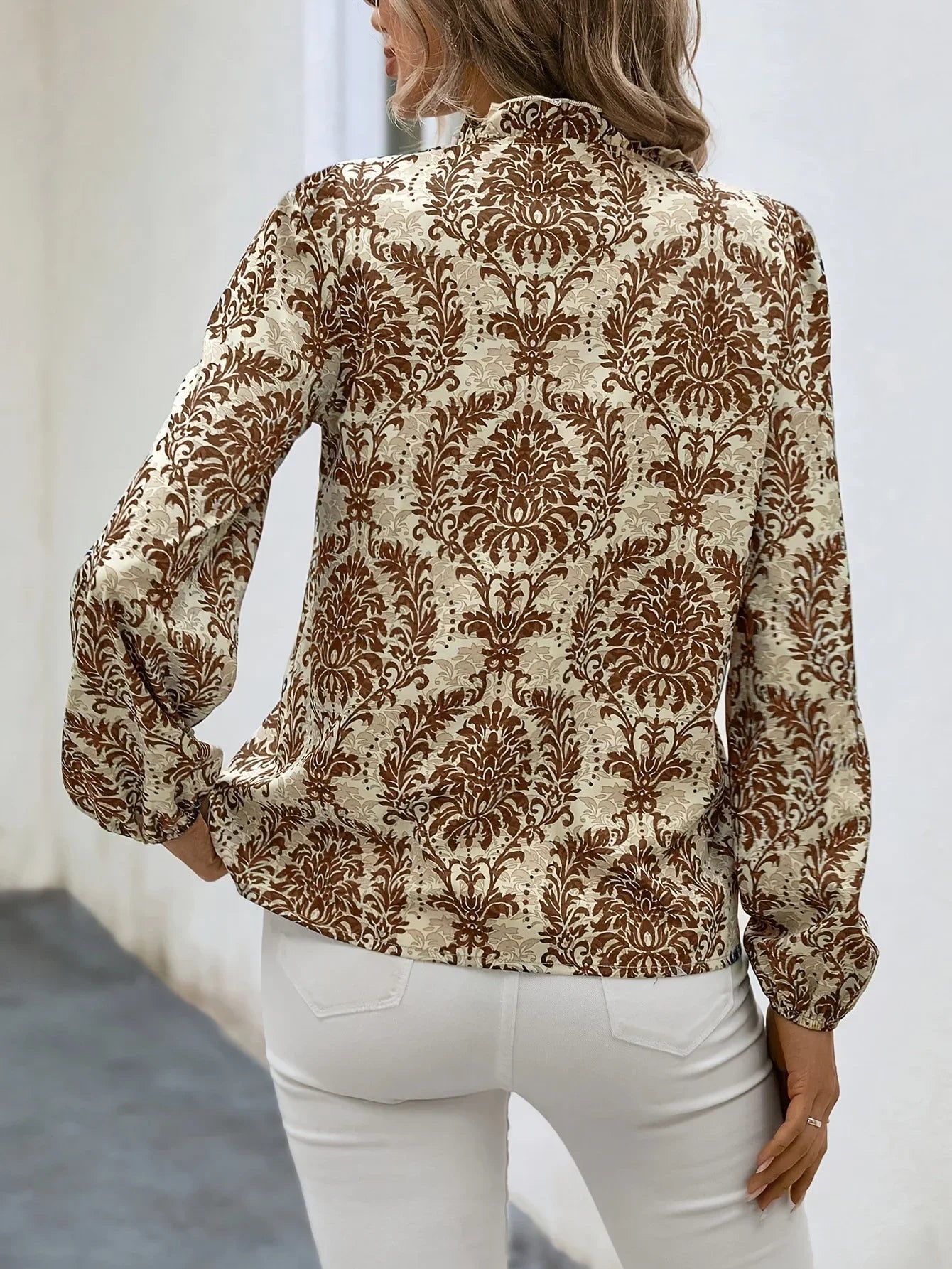 Blouses - Golden Damask Autumn Blouse with Long Sleeves