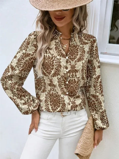 Blouses - Golden Damask Autumn Blouse with Long Sleeves