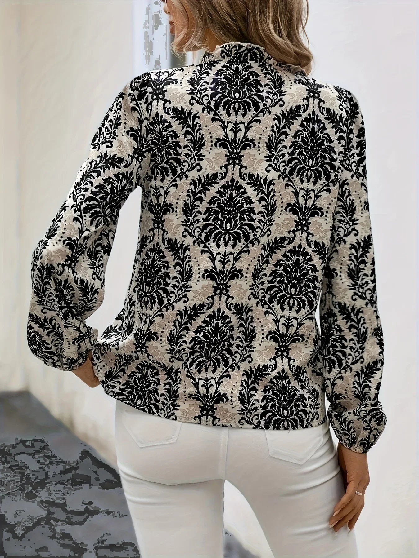 Blouses - Golden Damask Autumn Blouse with Long Sleeves