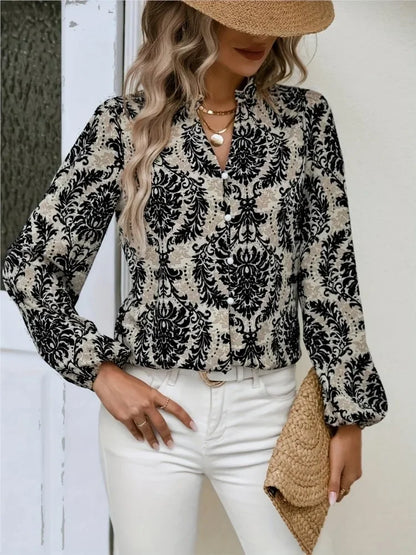 Blouses - Golden Damask Autumn Blouse with Long Sleeves